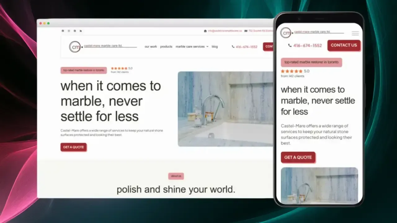 Un diseño de sitio web responsivo para una empresa de mármol se muestra tanto en una pantalla de escritorio como en un móvil, mostrando una interfaz elegante con una imagen prominente de una superficie de mármol, eslóganes llamativos y botones de llamada a la acción "Solicitar una cotización".