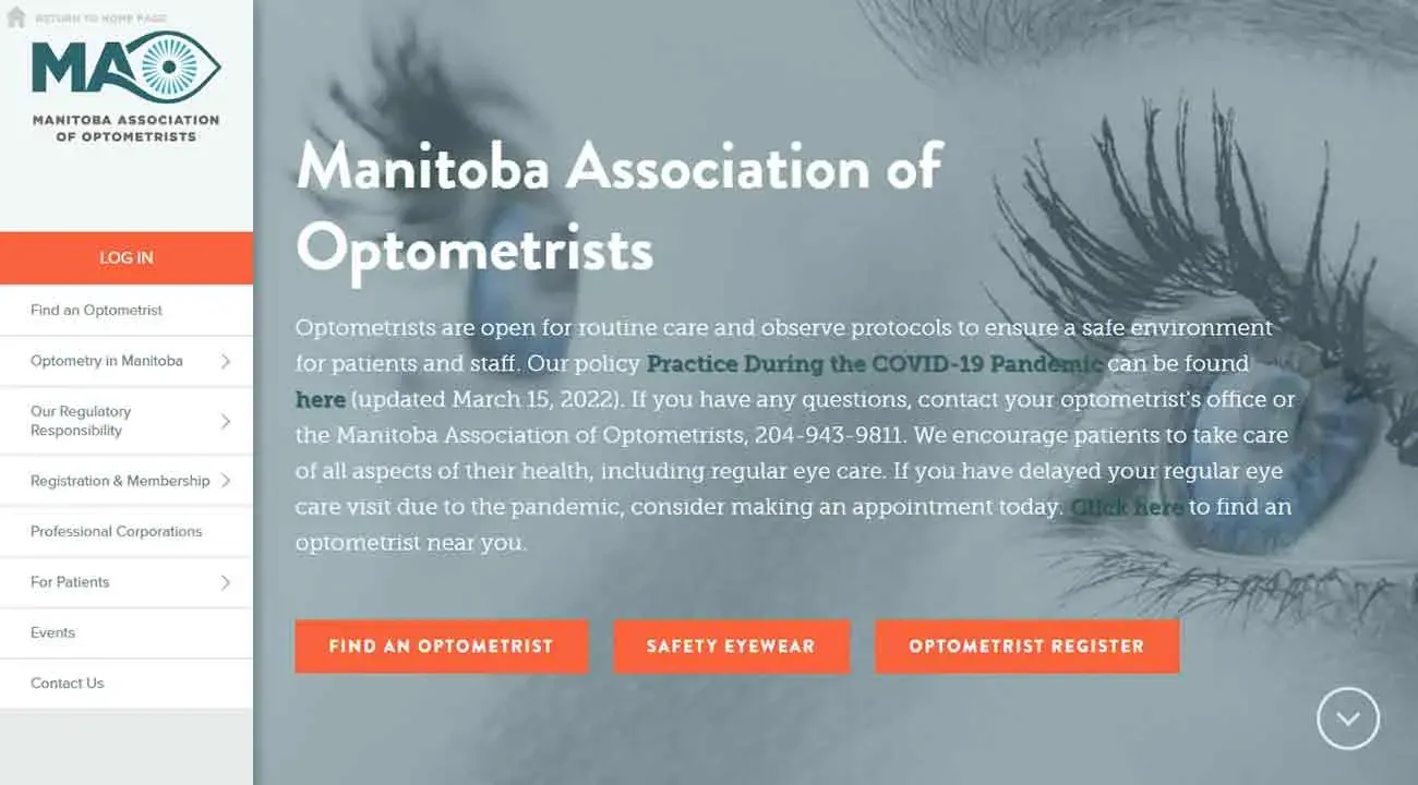 An open eye with long eyelashes is featured as the background of the Manitoba Association of Optometrists website, which offers links for finding an optometrist, safety eyewear, and optometrist registration, emphasizing eye care services and COVID-19 protocols.
