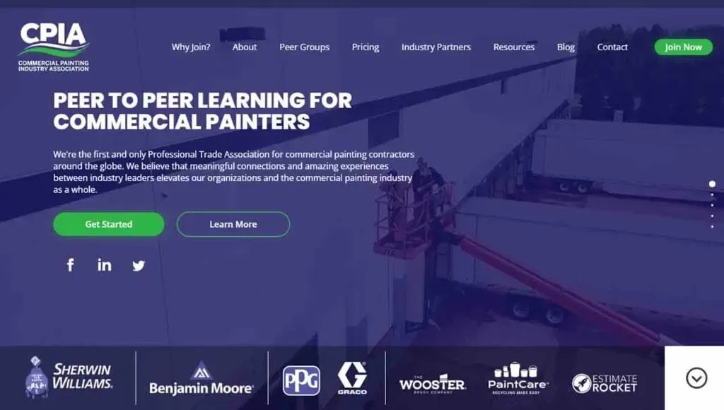 The image shows the homepage of the Commercial Painting Industry Association (CPIA), highlighting "Peer to Peer Learning for Commercial Painters" with options to "Get Started" or "Learn More," and featuring logos of associated companies at the bottom, set against a construction site backdrop.