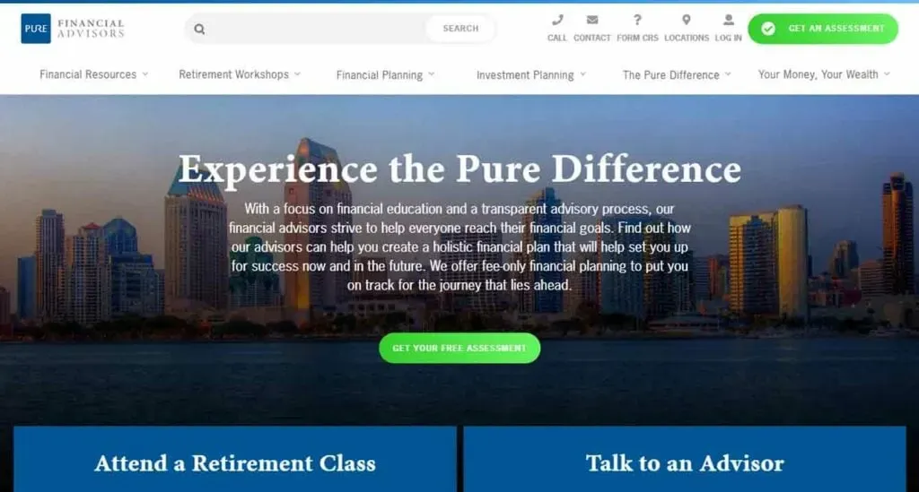 The image features a website homepage for a financial advisory firm, showcasing a city skyline at dusk with a promotional banner encouraging visitors to experience the firm's unique financial planning process.