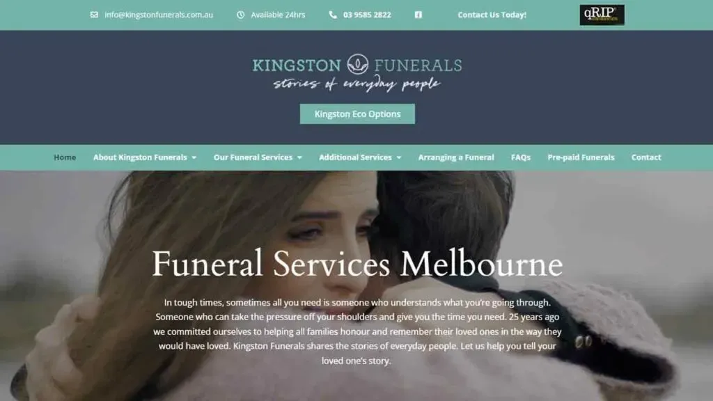 A comforting scene of a person embracing another, symbolizing support and care, with text promoting funeral services in Melbourne.
