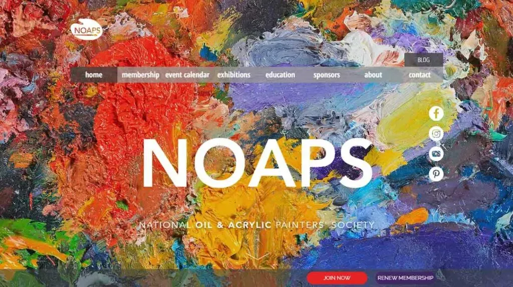 Abstract oil painting with vibrant colors serves as the background for the National Oil & Acrylic Painters Society website homepage, featuring navigation links such as home, membership, and event calendar.