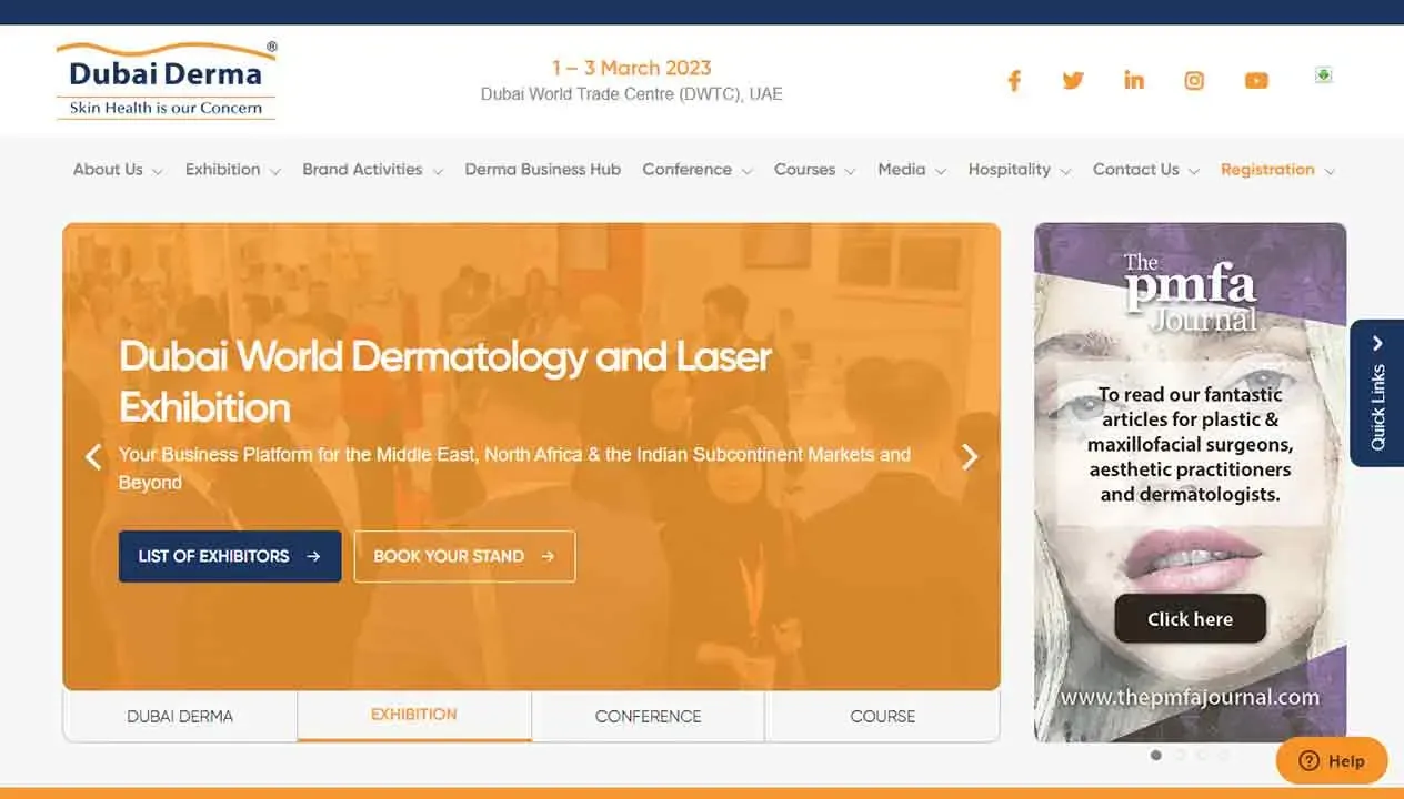 The image shows the homepage of the Dubai Derma website, highlighting the "Dubai World Dermatology and Laser Exhibition" scheduled for 1-3 March 2023 at the Dubai World Trade Centre, with options to view the list of exhibitors and book a stand.