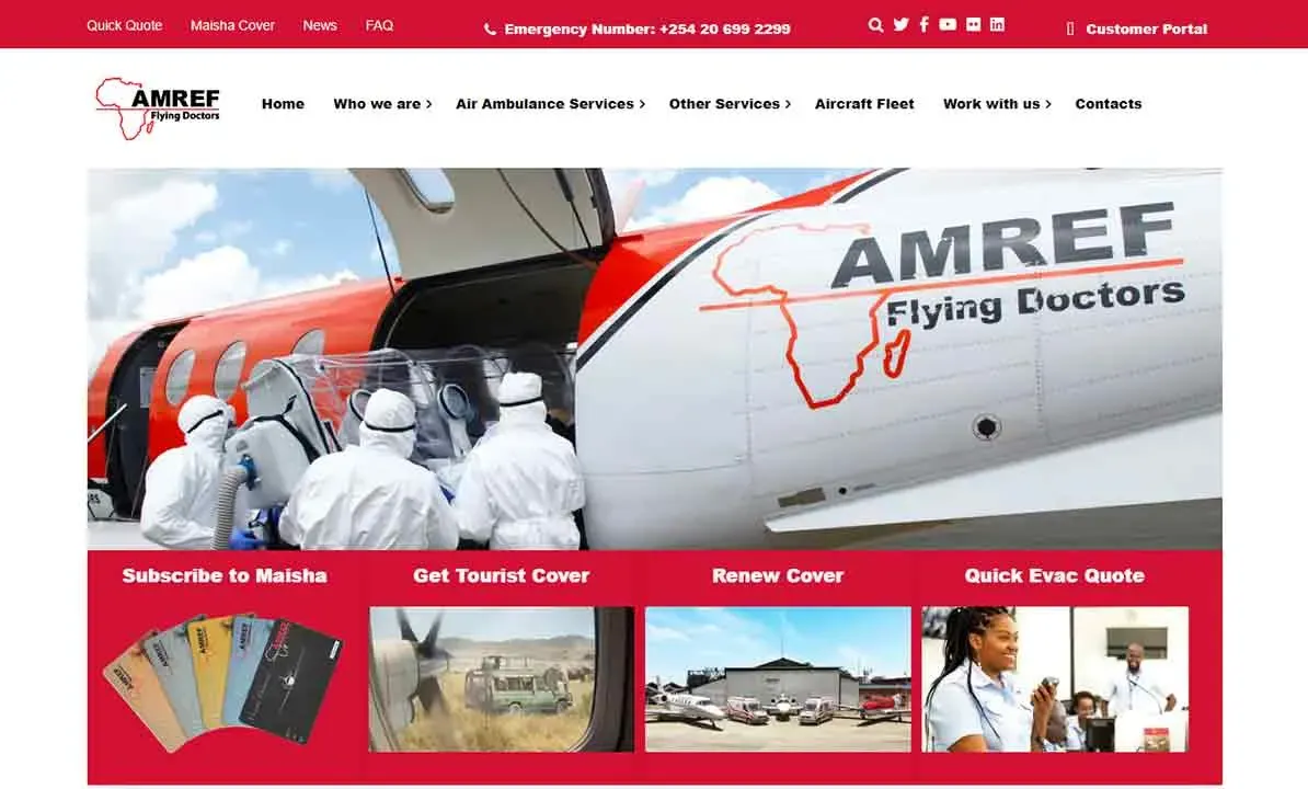 A red and white aircraft is shown on a tarmac, with medical personnel in protective suits assisting a patient on a stretcher, illustrating air ambulance services provided by AMREF Flying Doctors.