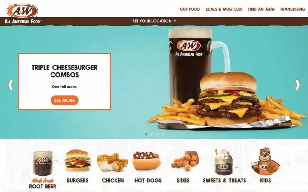 A&W Restaurant's website homepage features a Triple Cheeseburger Combo with golden fries and a frosty root beer, alongside menu categories like burgers, chicken, hot dogs, sweets, and kids meals.