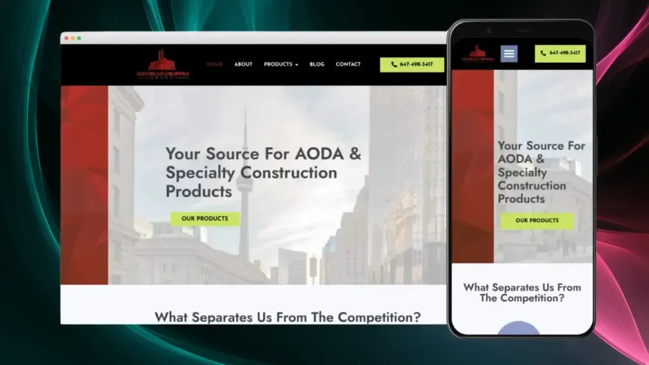 Un sitio web en una pantalla de computadora portátil y teléfono inteligente muestra la página de inicio de una empresa de construcción con el texto "Su fuente para productos de construcción AODA y especializados", y presenta una barra de navegación con opciones para "Acerca de", "Productos", "Blog" y "Contacto".