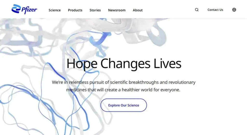 A website homepage for a pharmaceutical company featuring abstract blue and gray scientific illustrations alongside the text, "Hope Changes Lives," emphasizing scientific breakthroughs and revolutionary medicines.