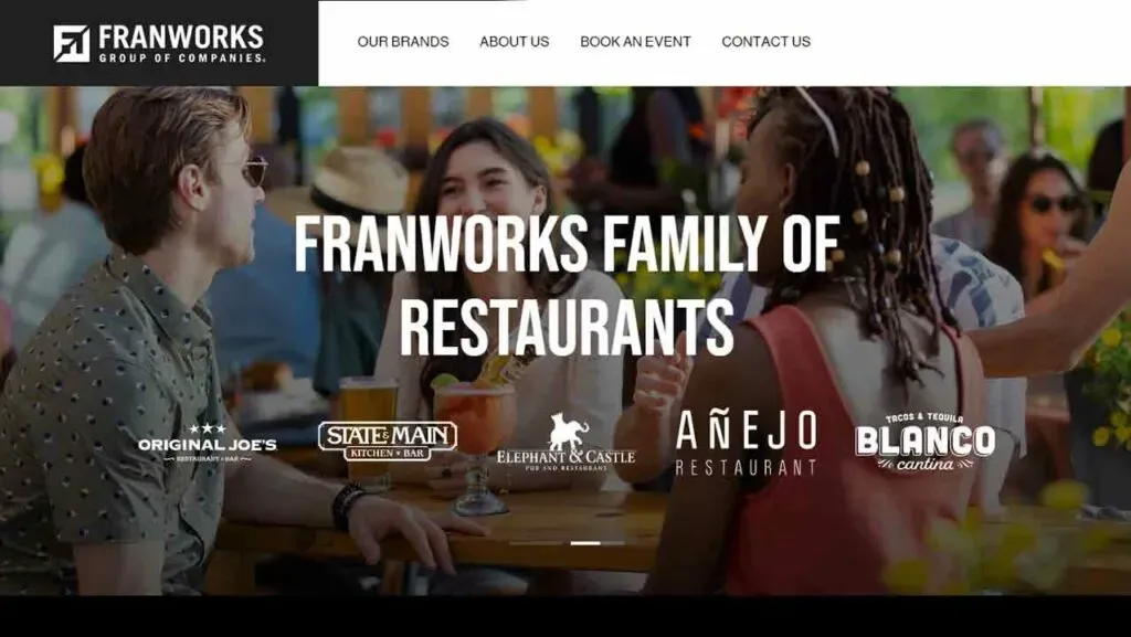 Group of people enjoying food and drinks at an outdoor dining area, with logos of Franworks Family of Restaurants displayed, including Original Joe’s, State & Main, Elephant & Castle, Añejo Restaurant, and Blanco.