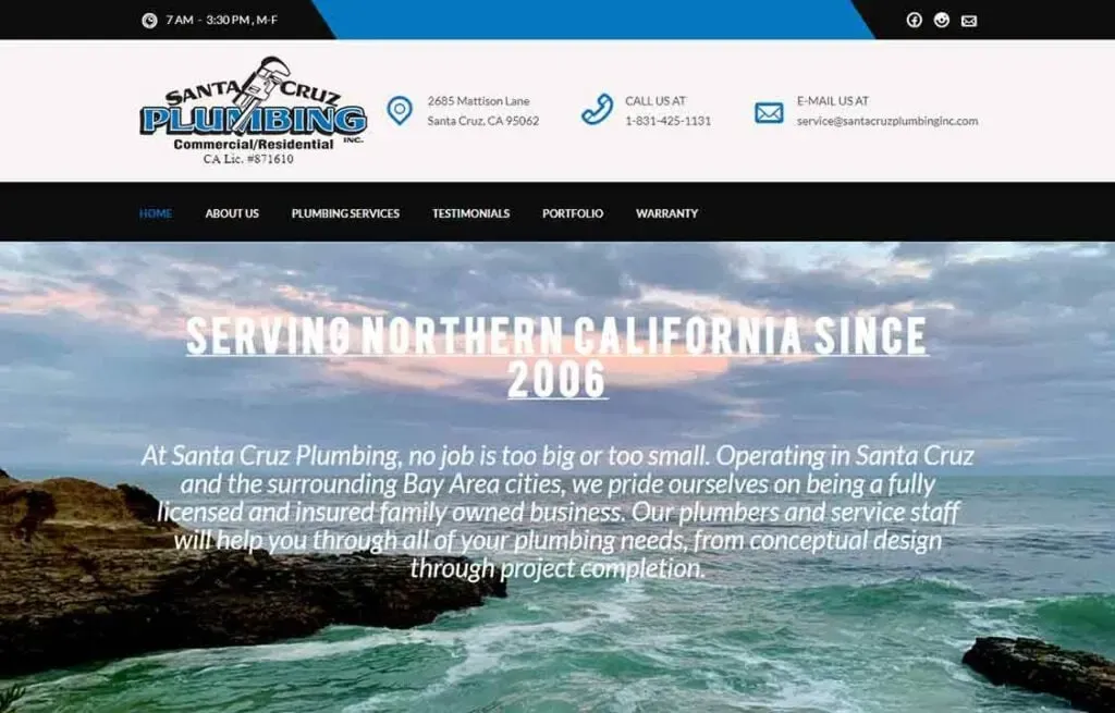 A screenshot of a plumbing company's website header featuring a logo, navigation menu, business hours, contact information, and a banner stating "Serving Northern California Since 2006," against an image of a calm blue sky.