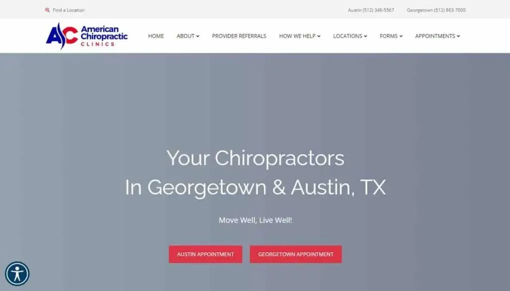 Homepage of a chiropractic clinic featuring a minimalist design with a gray background, highlighting text that promotes chiropractic services in Georgetown and Austin, Texas, along with appointment buttons for each location.