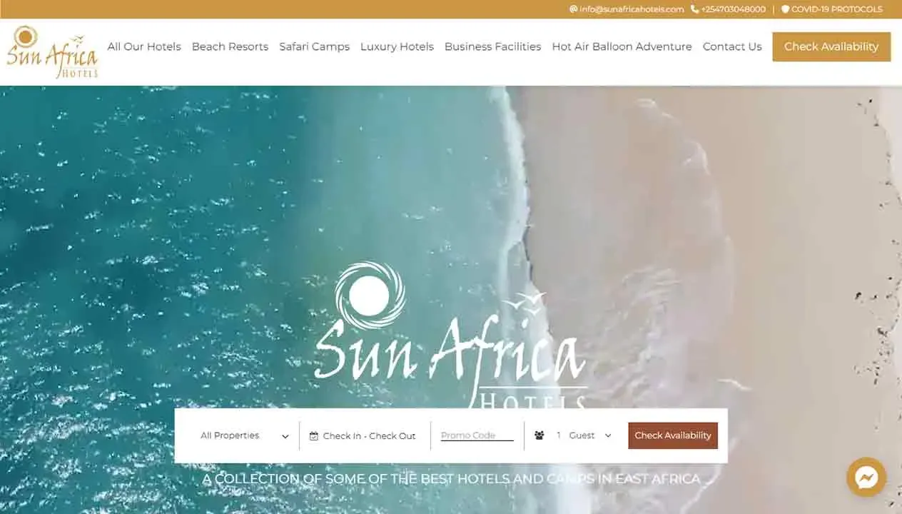 The website homepage of a luxury hotel group features a stunning aerial view of a turquoise ocean meeting a sandy beach, with the company logo "Sun Africa Hotels" prominently displayed; search bar options for properties, check-in dates, and guest details are visible below the image.