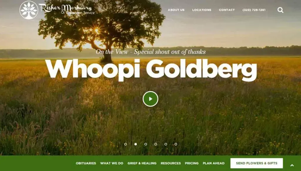 A peaceful, sunlit field with tall grass and a solitary tree is overlaid with bold white text reading "Whoopi Goldberg," promoting a mortuary service, and includes navigational menu options at the top.