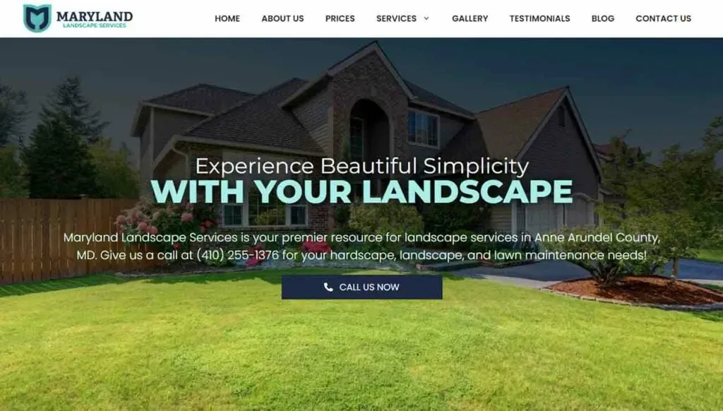 The image shows the homepage of Maryland Landscape Services, featuring a large, elegant suburban house with well-maintained landscaping, including a lush lawn, manicured shrubs, and trees, with text inviting contact for services in Anne Arundel County, MD, and a call-to-action button for inquiries.