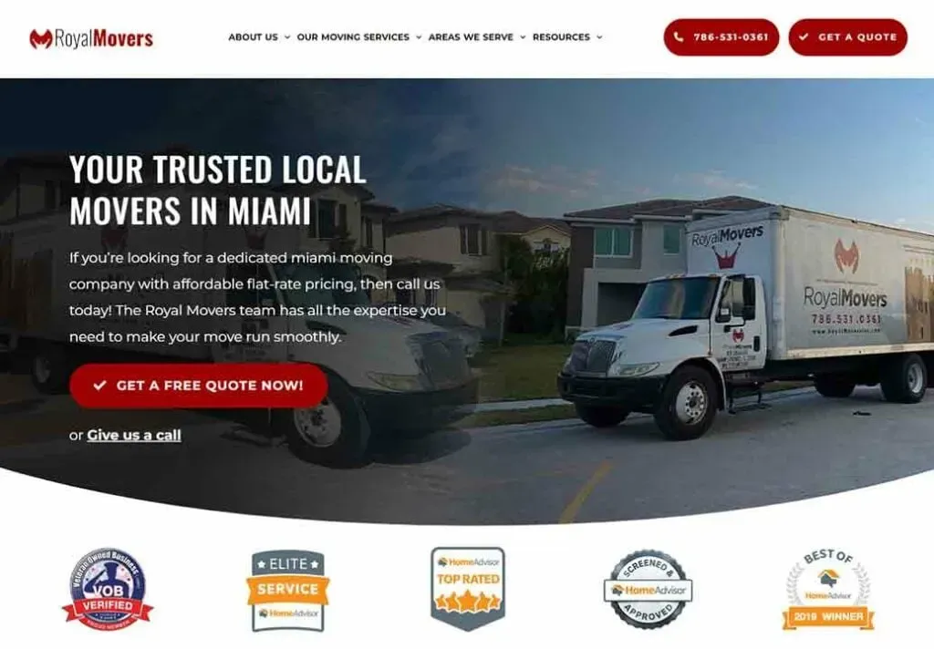 A Royal Movers truck is parked in a residential neighborhood in Miami, with houses in the background and the company logo prominently displayed on the vehicle, advertising their trusted moving services.