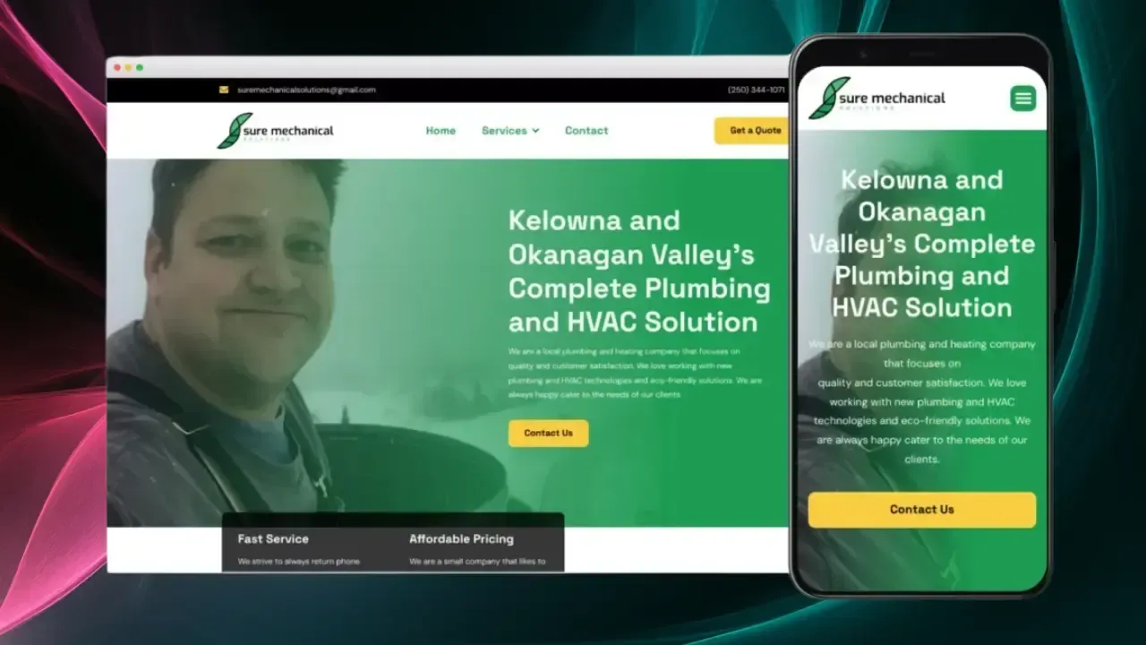 The image displays the website interface of "Sure Mechanical," showcasing its responsive design on a desktop and mobile device, featuring a green and white theme with text promoting plumbing and HVAC solutions in Kelowna and Okanagan Valley.