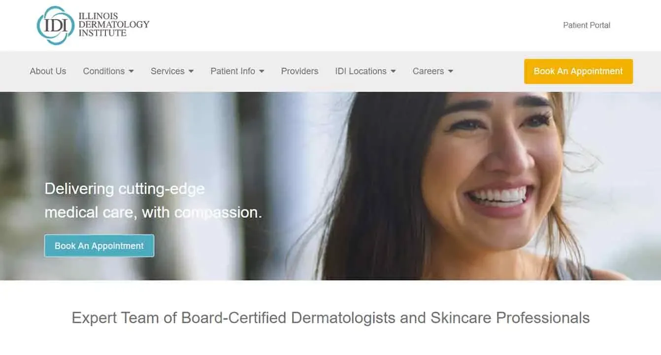 A smiling individual is featured on the homepage of the Illinois Dermatology Institute website, emphasizing its cutting-edge medical care and compassionate service, with options to book an appointment and explore dermatology services.