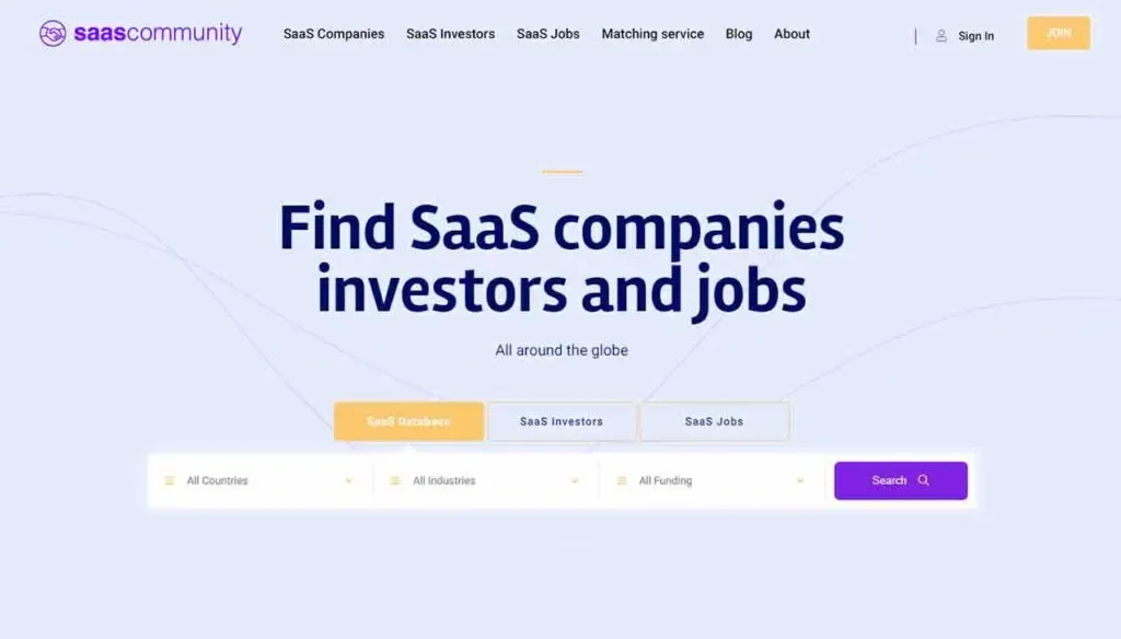 The image shows the homepage of a website called "Saascommunity," featuring a search bar and dropdown filters for countries, industries, and funding, with the text "Find SaaS companies, investors, and jobs all around the globe."