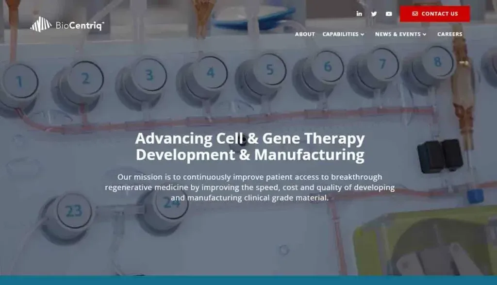 The image shows a website page from BioCentriq, featuring a header with navigation links, contact options, and a central message promoting advancements in cell and gene therapy development and manufacturing for regenerative medicine.