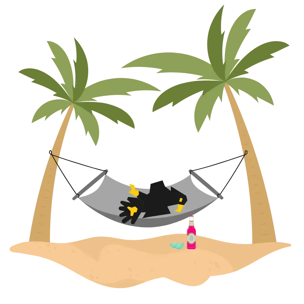 A tropical beach scene featuring two palm trees and a hammock strung between them on a sandy island.