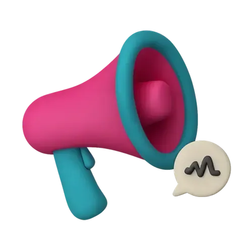 A 3D illustration of a vibrant pink and teal megaphone with a speech bubble featuring a sound wave symbol, symbolizing communication and marketing concepts.