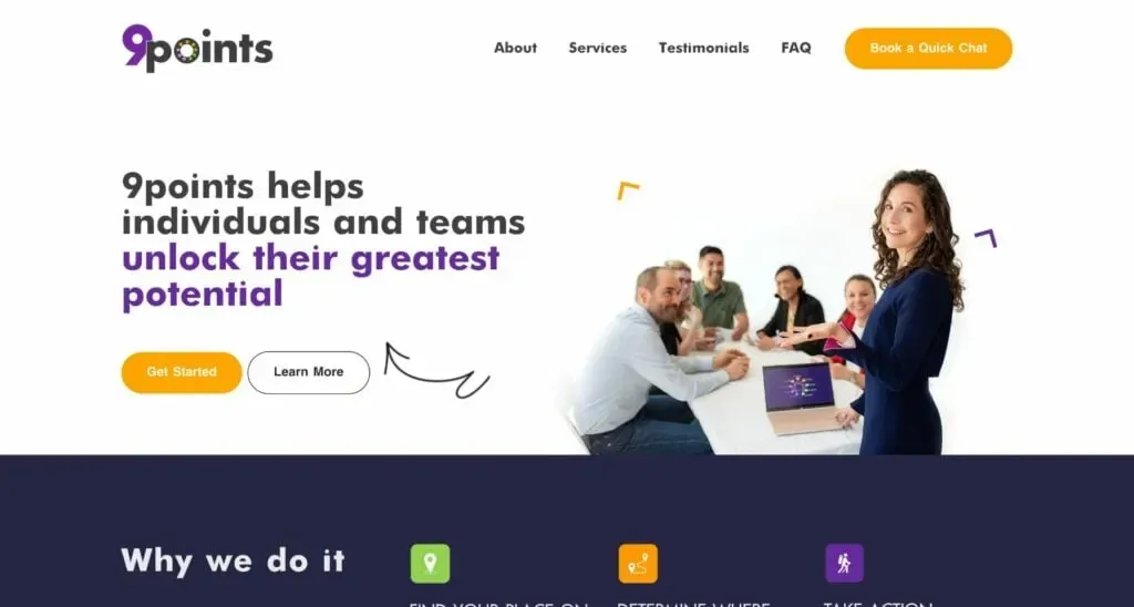 A group of people gathered around a table with a laptop, engaged in a meeting, with text on the top left promoting teamwork and personal growth, against a modern white and yellow-themed website layout.