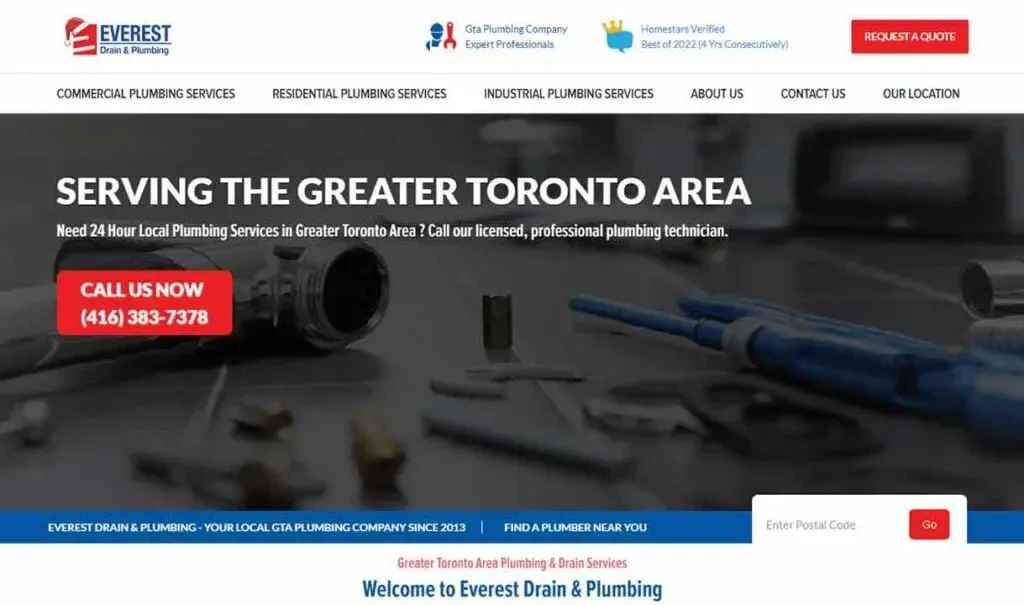 The website homepage for a local plumbing service in Greater Toronto Area features a call-to-action button with a contact number, showcasing plumbing tools in the background, emphasizing their commitment to providing 24-hour professional plumbing solutions.