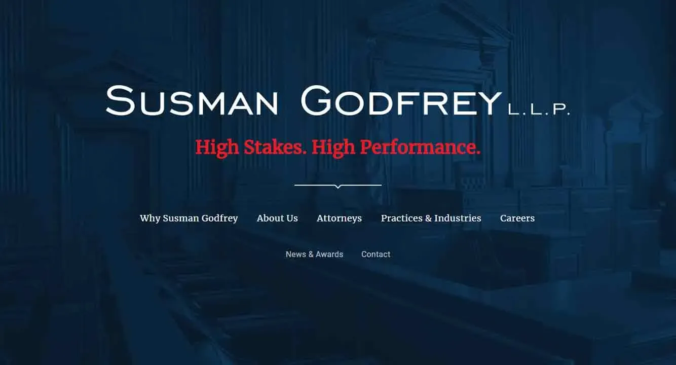 A dark blue webpage background featuring the text "Susman Godfrey L.L.P." in white, with the slogan "High Stakes. High Performance." in red, over an image of an elegant, empty courtroom with classic architectural details.