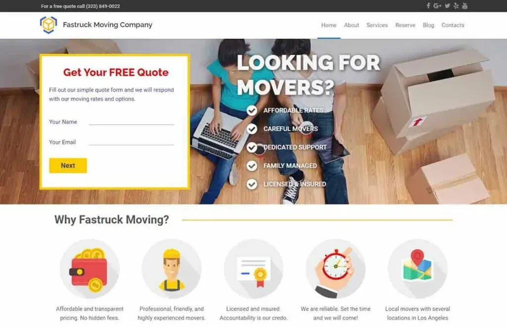 A moving company's homepage shows a prominent "Get Your FREE Quote" form on the left and cardboard boxes with household items on the right, highlighting affordable rates, careful movers, dedicated support, family management, and being licensed and insured.