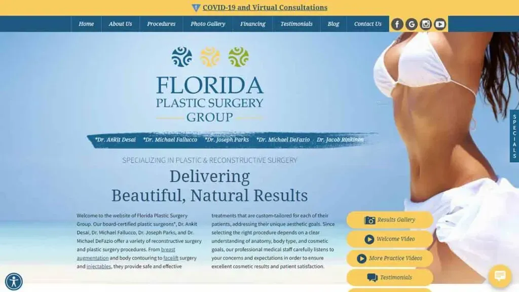 The image shows the homepage of the Florida Plastic Surgery Group's website, featuring a blue and white color scheme with navigation options for procedures, photo gallery, and scheduling consultations, prominently highlighting their specialization in plastic and reconstructive surgery with a welcoming automated chat feature on the side.