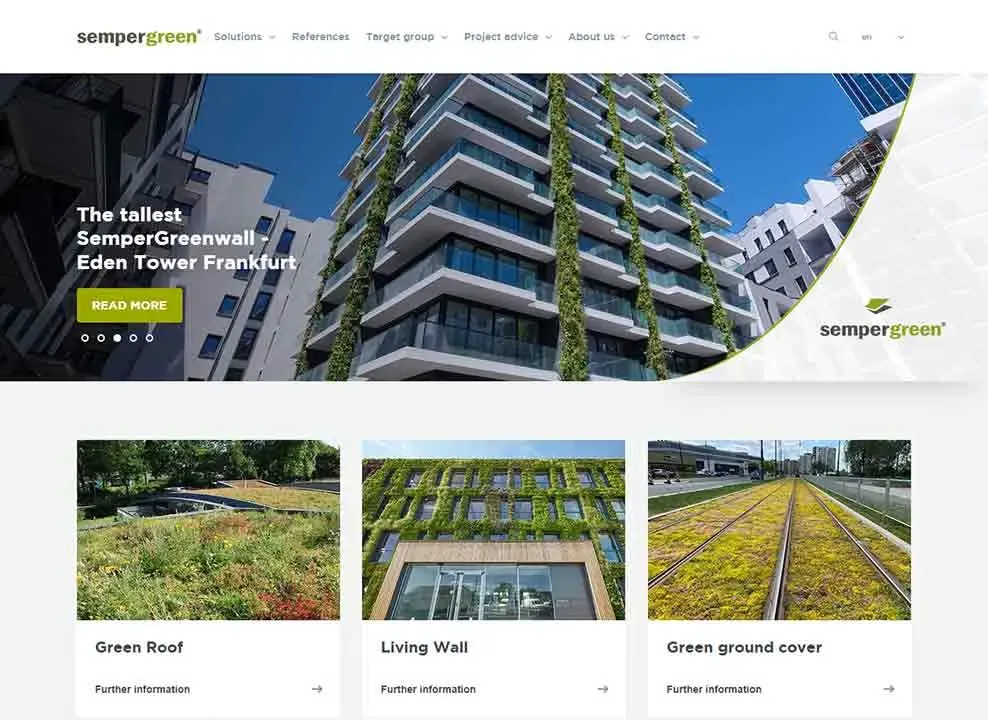 The webpage showcases modern architectural designs featuring eco-friendly elements, such as vertical green walls and green roofs on high-rise buildings, with a focus on the tallest SemperGreenwall at Eden Tower in Frankfurt.
