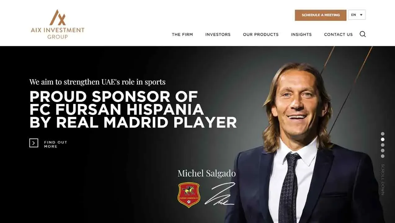 The image features a promotional banner for AIX Investment Group, highlighting their sponsorship of FC Fursan Hispania, prominently displaying a tagline about strengthening UAE's role in sports, alongside a well-dressed individual in a suit.