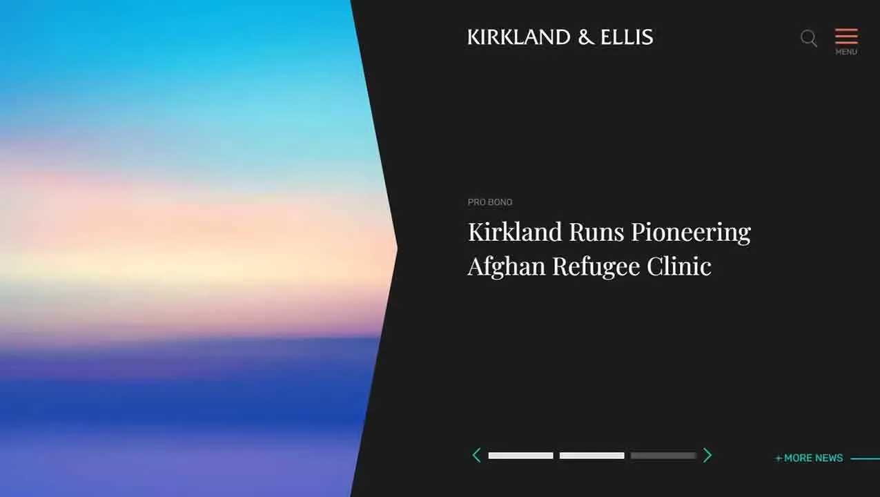 A digital banner with a gradient sky background fades from blue to pink, alongside a black section displaying white text reading, "Kirkland Runs Pioneering Afghan Refugee Clinic," representing a pro bono initiative by the law firm Kirkland & Ellis.