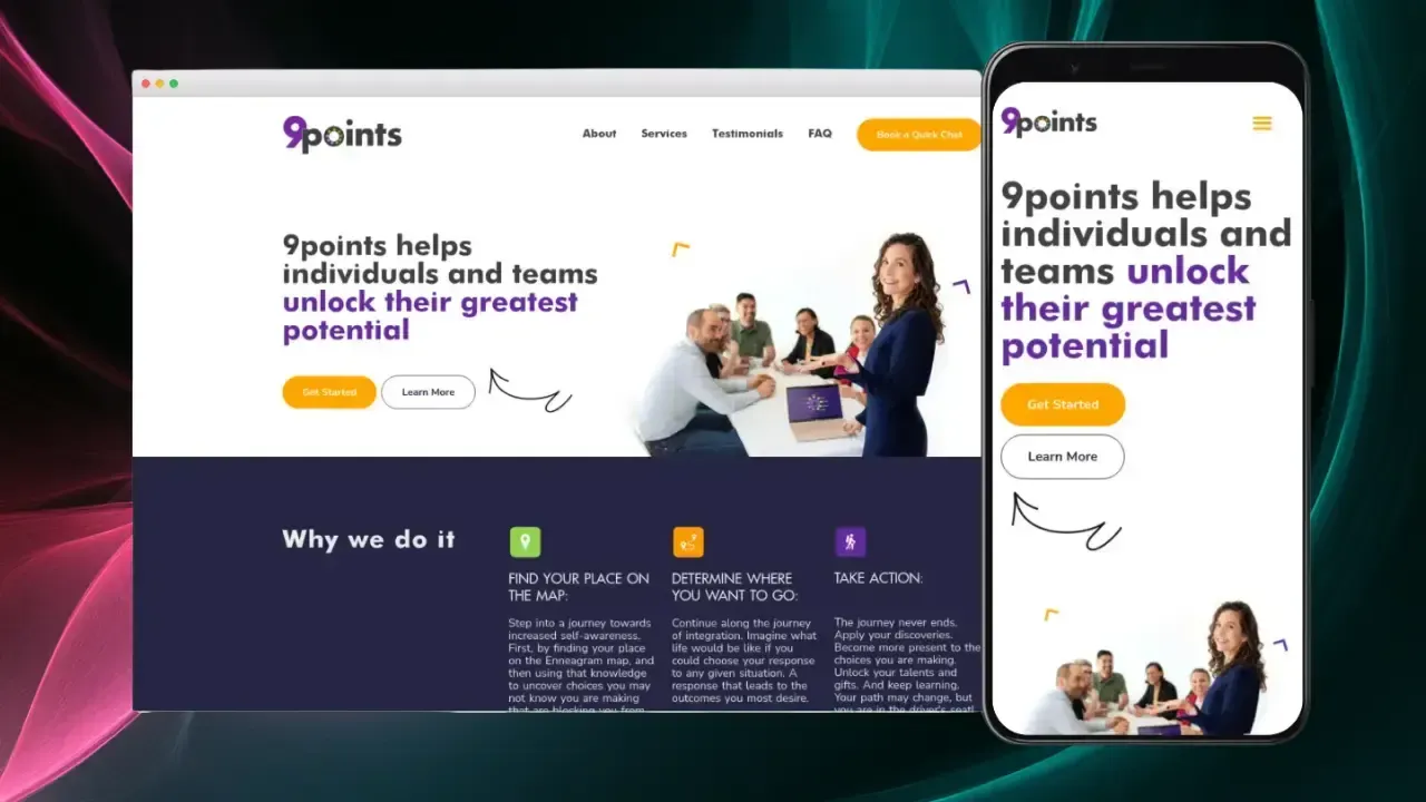 La imagen muestra un diseño de sitio web responsivo para "9points" que presenta la página de inicio tanto en un escritorio como en un dispositivo móvil, con una foto de una reunión de equipo y frases clave como "desbloquear su mayor potencial", con opciones de navegación que incluyen "Acerca de", "Servicios" y "Testimonios".