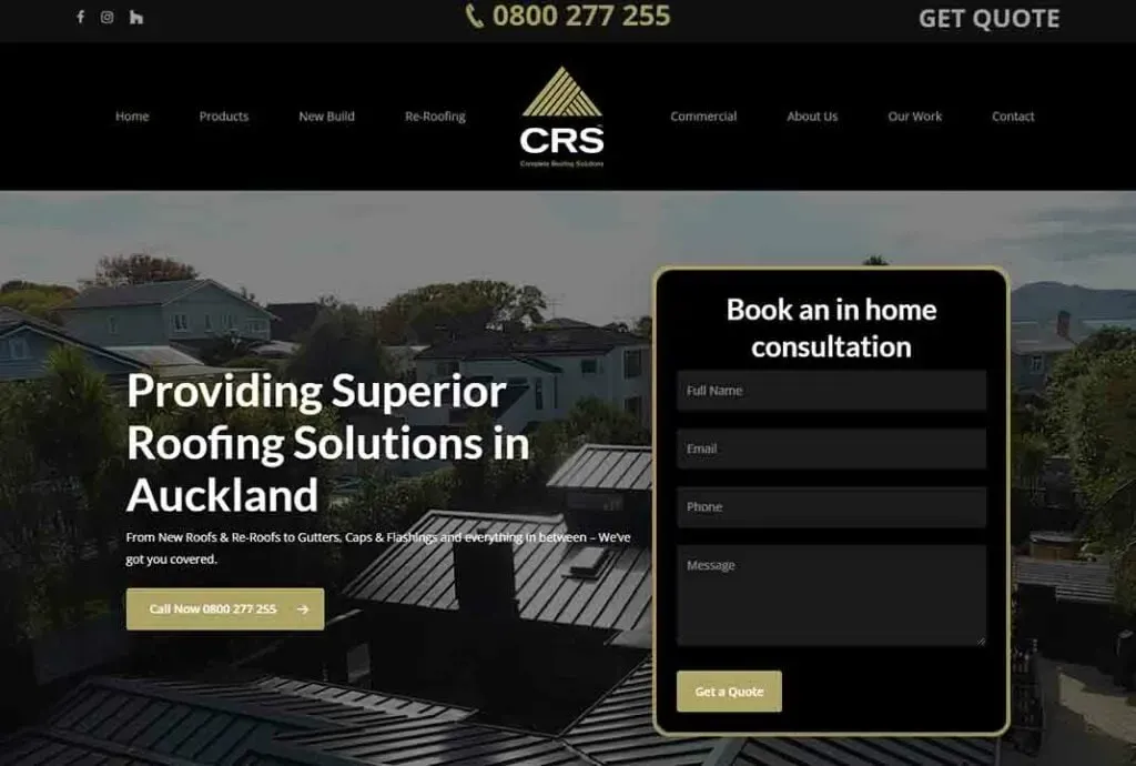 The image shows a roofing company website homepage featuring a modern, dark-themed design with text highlighting "Providing Superior Roofing Solutions in Auckland" alongside a contact form for booking home consultations.