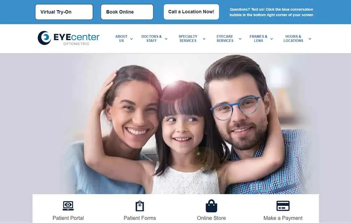 A happy family of three, including a couple and a child, smiles warmly at the camera on an optometry clinic's website homepage, with options for virtual try-on, booking online, and finding a location at the top of the page.