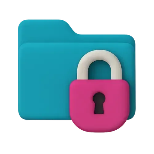 A blue digital folder icon with a white and pink padlock symbolizing secure data transfer and online privacy.