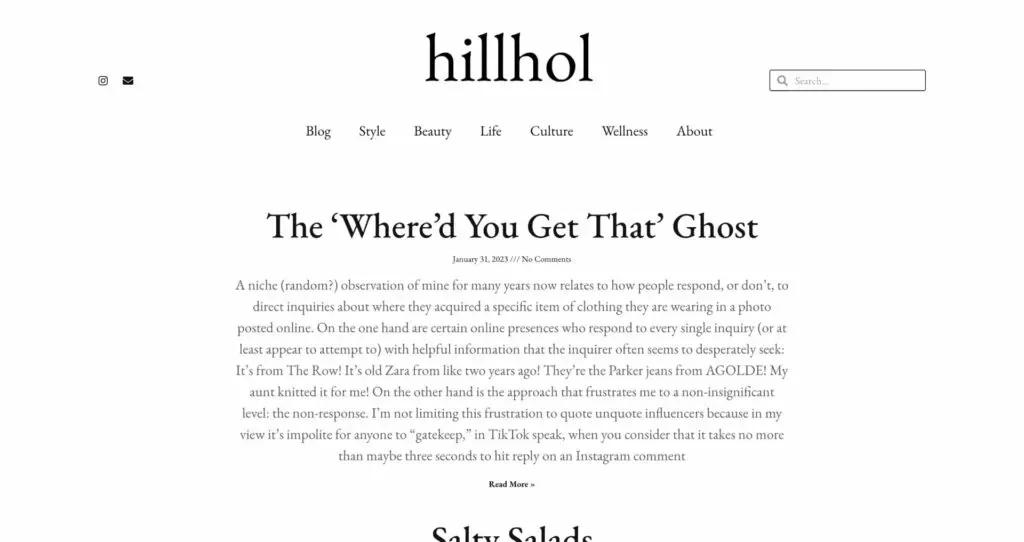 The image shows a webpage from "hillhol" featuring an article titled "The ‘Where’d You Get That’ Ghost," dated January 19, 2023, along with sections like Style, Beauty, Life, Culture, and Wellness, all displayed against a minimalist design.