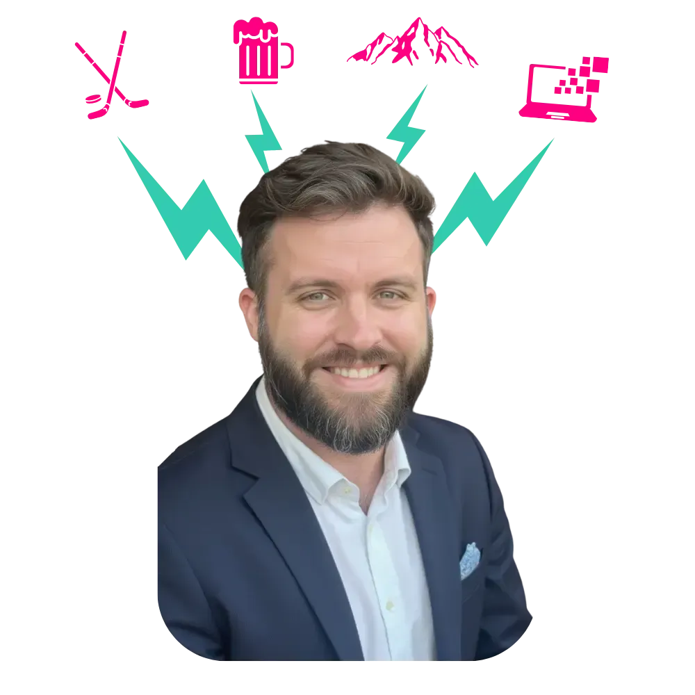 Man with a beard in a suit, smiling, with colorful graphics of roses and arrows above his head.