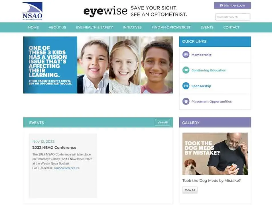 The homepage of an optometry association features a banner with three smiling children alongside the text about vision issues affecting learning; quick links and upcoming event details are displayed below.