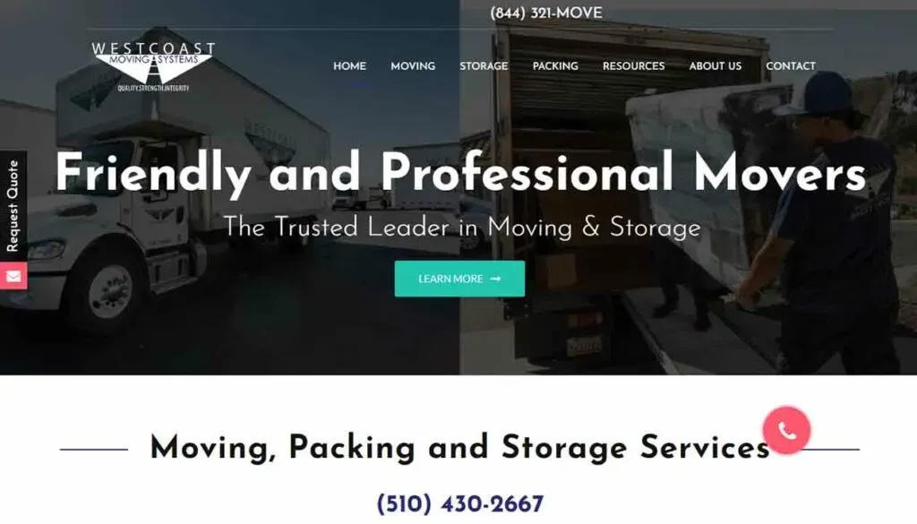 A professional moving service website homepage featuring a parked moving truck with branding, a slogan stating "Friendly and Professional Movers," and contact information for inquiries about moving, packing, and storage services.