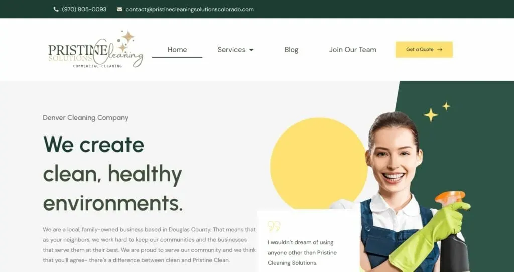 The homepage of the Pristine Cleaning website features a professional cleaning service offering healthy environment solutions, with a smiling person holding cleaning supplies, emphasizing friendly and reliable service in Denver.