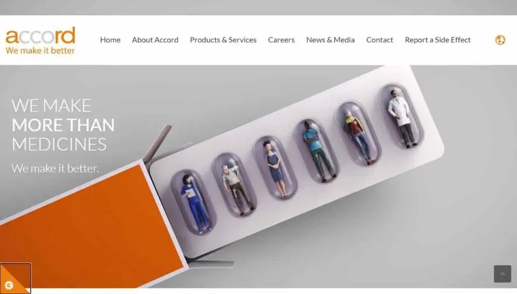 The image shows a conceptual illustration of a medicine blister pack, with each capsule containing miniature figures of people, emphasizing the message "We make more than medicines" on a sleek, modern design background.