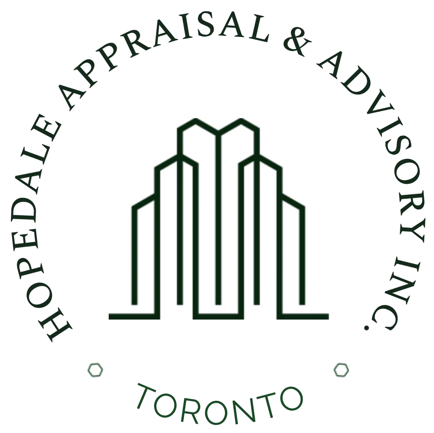 A circular logo for Hopedale Appraisal & Advisory Inc. features a stylized line drawing of a building at the center, encircled by the company name and the word "Toronto" at the bottom.