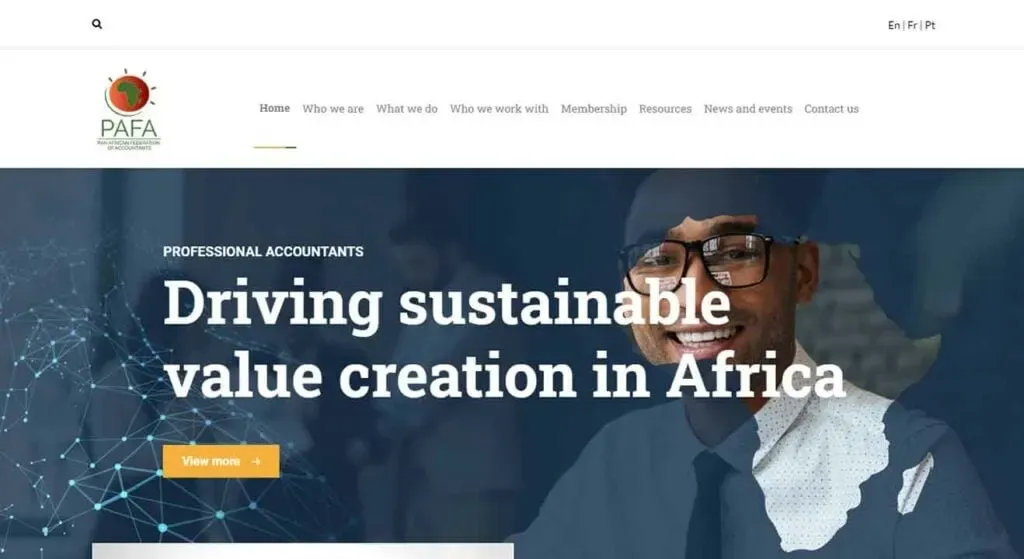An individual wearing glasses and a tie smiles in front of a digital map and graph, with the text "Driving sustainable value creation in Africa" displayed prominently next to the logo of a professional accounting organization.