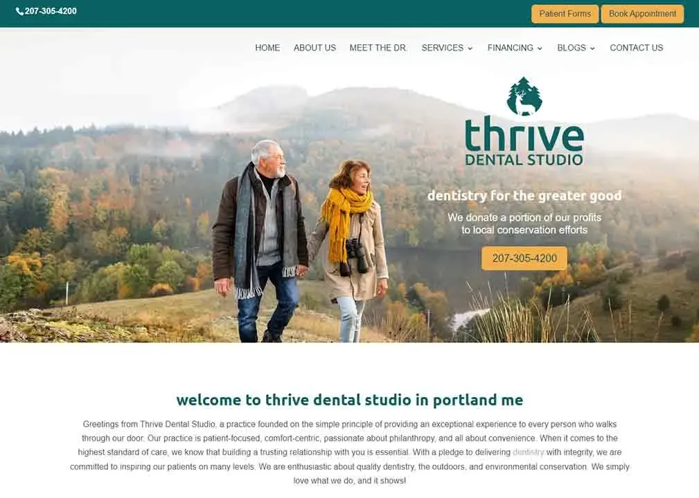 Elderly couple walking through a lush, picturesque landscape with autumn foliage, promoting the values of Thrive Dental Studio focused on environmental conservation and patient care in Portland.