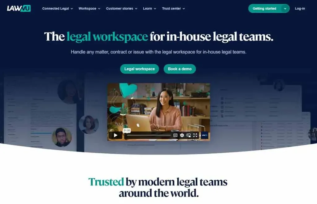 The image displays a website homepage for a company offering a workspace solution for in-house legal teams, featuring a central promotional video with a person sitting at a desk, surrounded by office elements, and buttons labeled "Legal workspace" and "Book a demo," set against a professional, navy blue background with text describing the service.