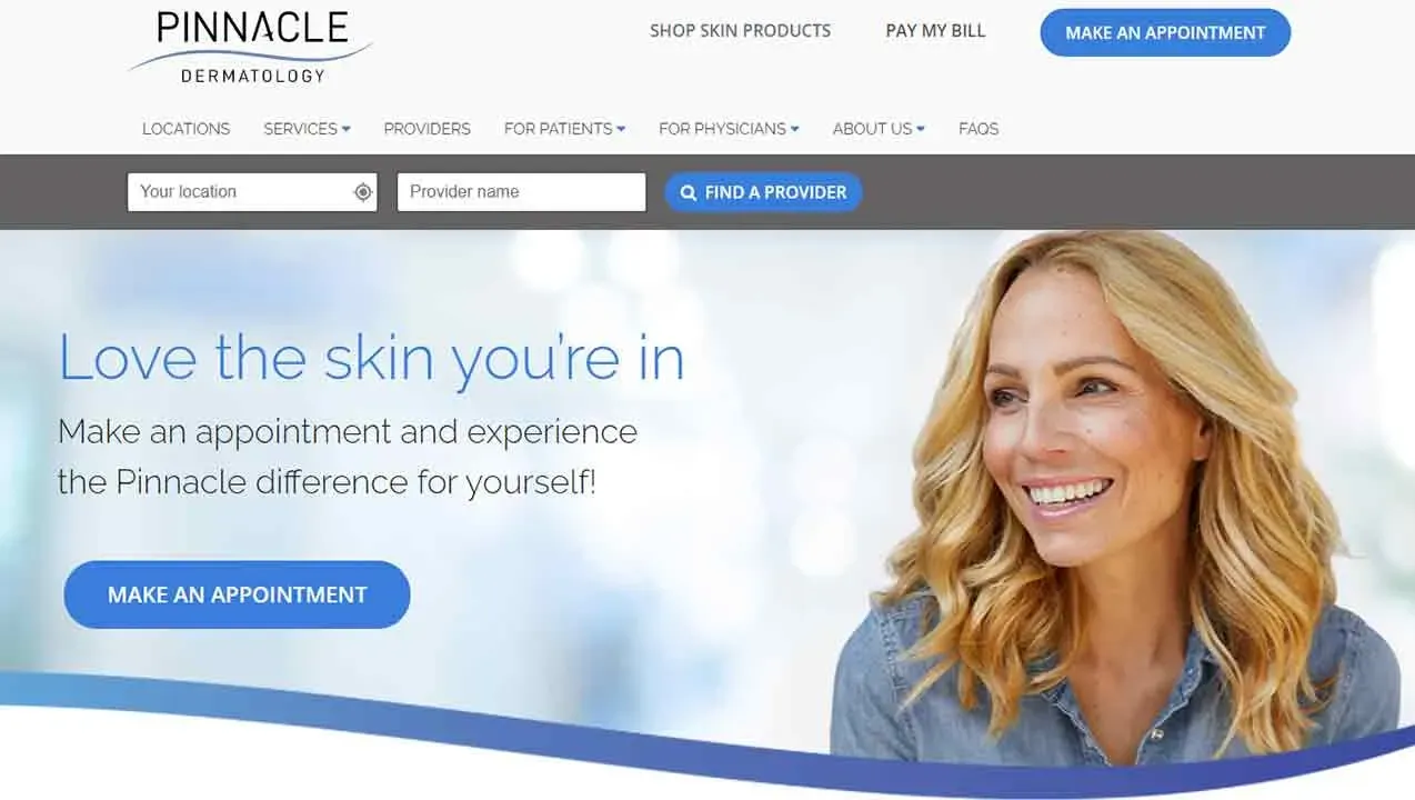 Smiling woman with blonde hair wearing a blue blouse, featured prominently on a dermatology clinic's website, promoting skin care services and appointments.