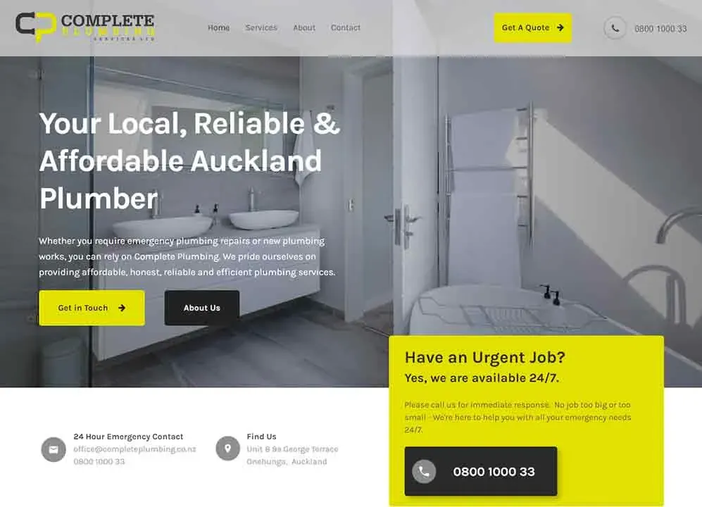 The website homepage features a promotional banner showcasing "Your Local, Reliable & Affordable Auckland Plumber," with contact information, a call-to-action button for urgent plumbing needs, and an image of a modern bathroom.