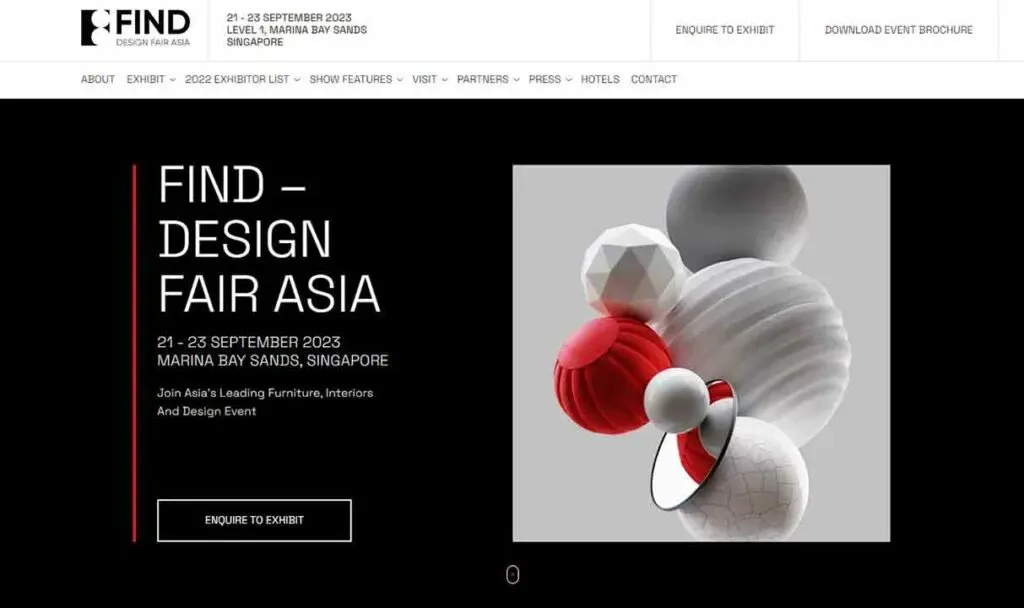 Website homepage for FIND Design Fair Asia 2023, featuring a modern design with geometric white and red spheres, event dates (21-23 September 2023), and details about the furniture, interiors, and design event at Marina Bay Sands, Singapore.