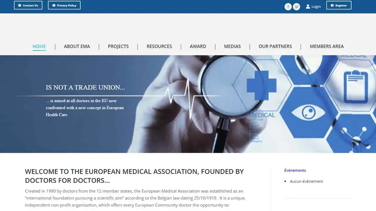 A detailed website homepage of the European Medical Association featuring a stethoscope overlaid with healthcare icons, navigation bar at the top, and introductory text about the organization.